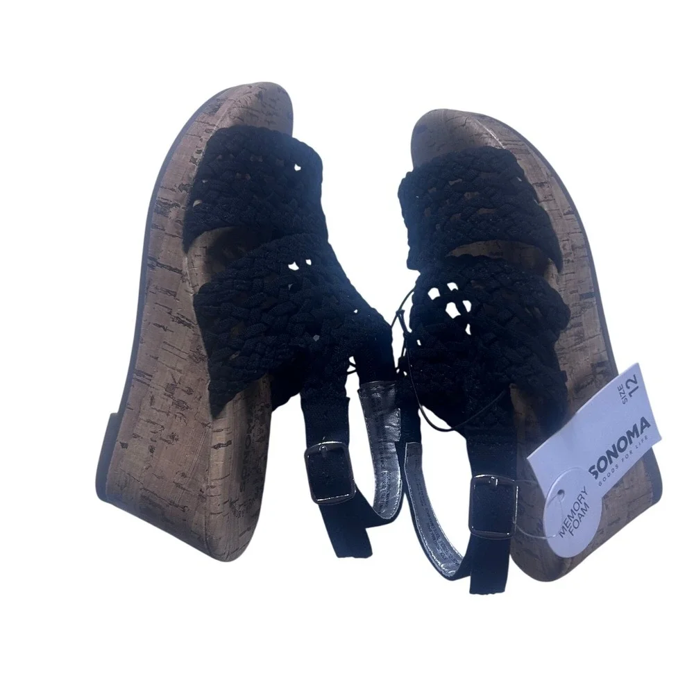 Sonoma Goods For‎ Life Black Woven Cork Wedge Sandals Kids Size 12 Memory Foam